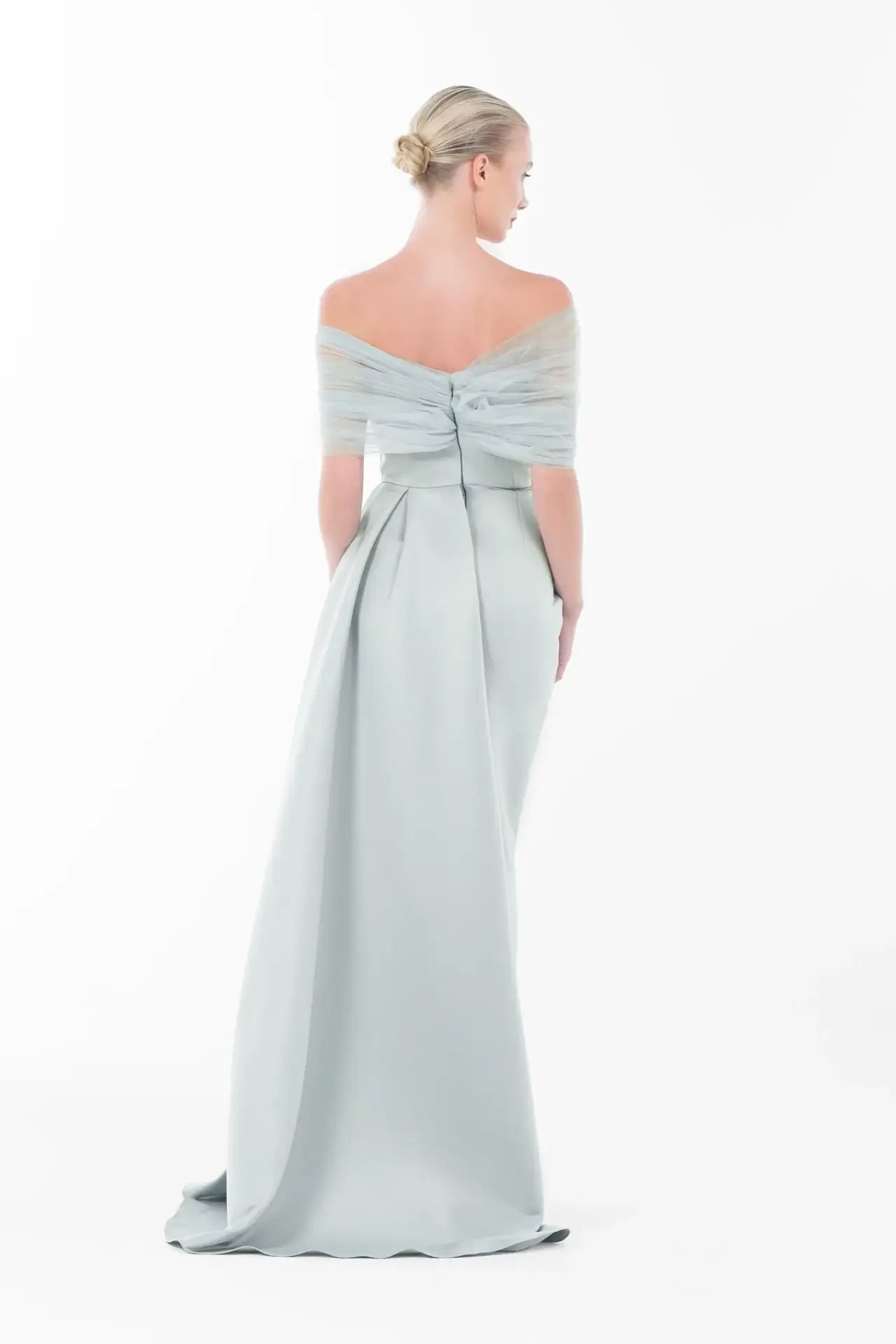 Back view of Angelina Dress - Evening Events | Off-Shoulder Gown, Tulle showcasing pleated train and fitted silhouette for graceful elegance.