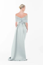Back view of Angelina Dress - Evening Events | Off-Shoulder Gown, Tulle showcasing pleated train and fitted silhouette for graceful elegance.