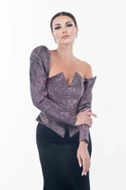 Front pose of model in Ralphael Dress - Amethyst Sculpted Gown with asymmetrical off-shoulder design and fitted silhouette for high-fashion appeal.