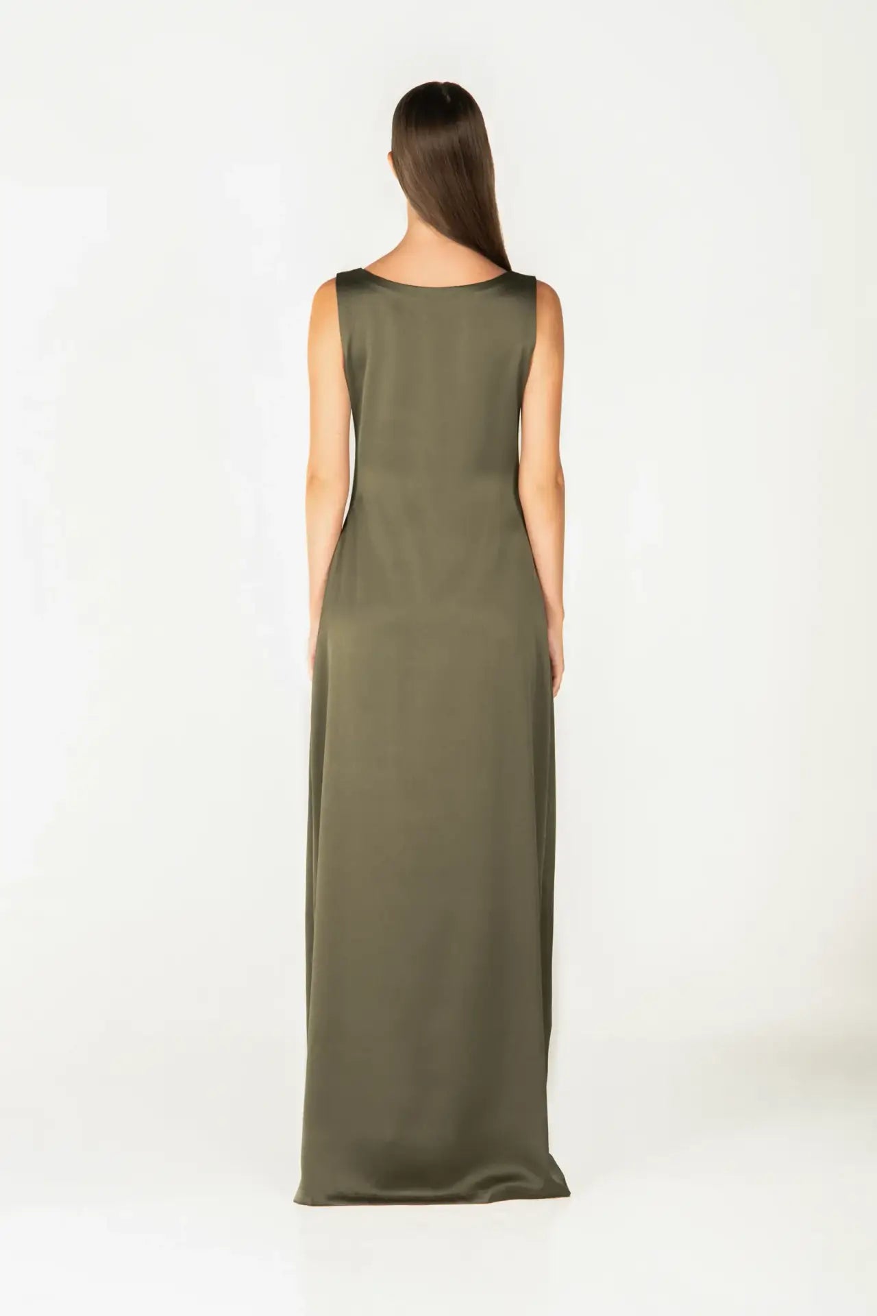 Back view of the olive green sleeveless base dress from the Jewel Dress set, offering a sleek and elegant silhouette.
