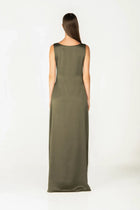 Back view of the olive green sleeveless base dress from the Jewel Dress set, offering a sleek and elegant silhouette.