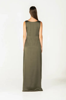 Back view of the olive green sleeveless base dress from the Jewel Dress set, offering a sleek and elegant silhouette.