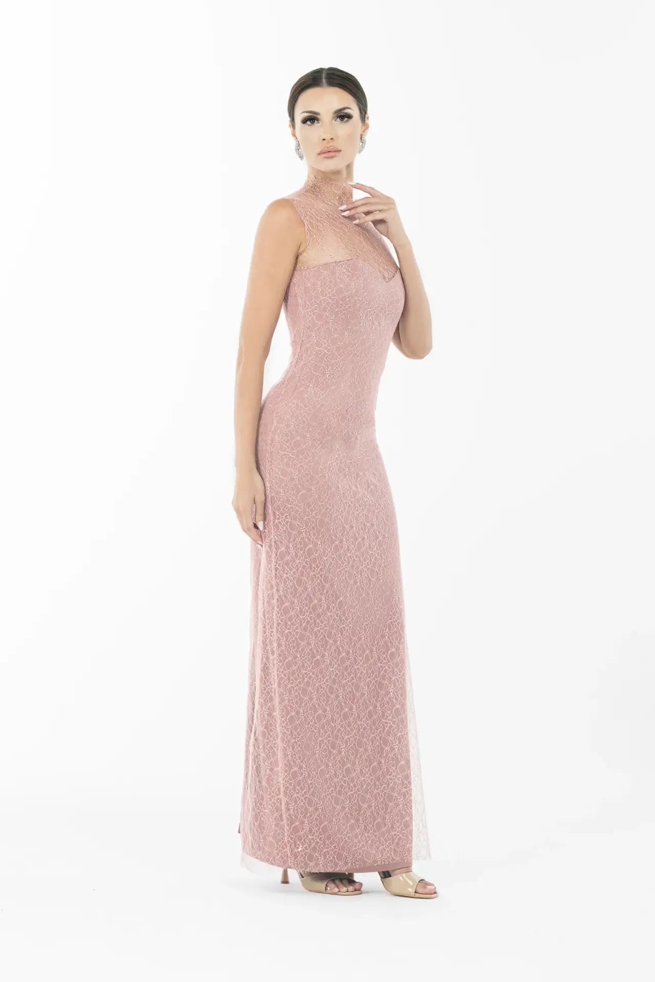 Side view of Joy Dress - Artista Ramadan 2025 Dress showing sleeveless high-neck lace gown in dusty rose, elegant and form-fitting silhouette.