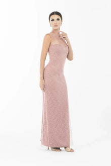Side view of Joy Dress - Artista Ramadan 2025 Dress showing sleeveless high-neck lace gown in dusty rose, elegant and form-fitting silhouette.