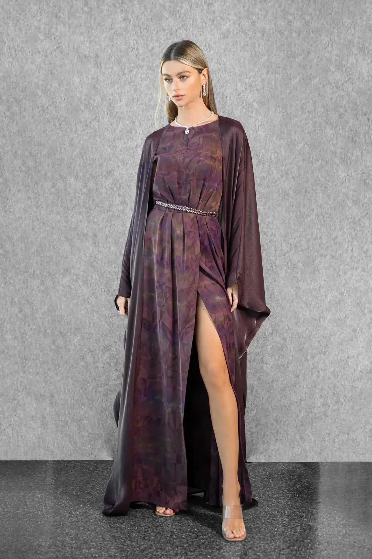 Asha Set - Plum Abstract Cape Dress | Satin Gown with abstract print, side slit, and elegant cape, designed for the Esperanza Collection AW24.