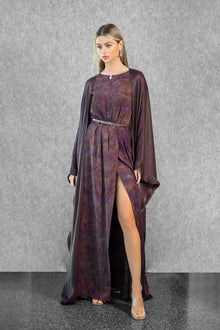 Asha Set - Plum Abstract Cape Dress | Satin Gown with abstract print, side slit, and elegant cape, designed for the Esperanza Collection AW24.