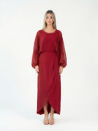 Fiora Monza Red Pleated Chiffon Embroidered Neckline Gown by MOOEi — Luxury Evening Wear Dubai