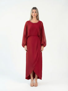 Fiora Monza Red Pleated Chiffon Embroidered Neckline Gown by MOOEi — Luxury Evening Wear Dubai