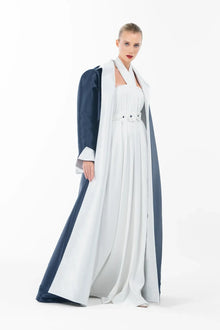 Ava Set Artista Ramadan 2025 styled with a floor-length navy coat and white gown, designed for sophisticated Eid celebrations.