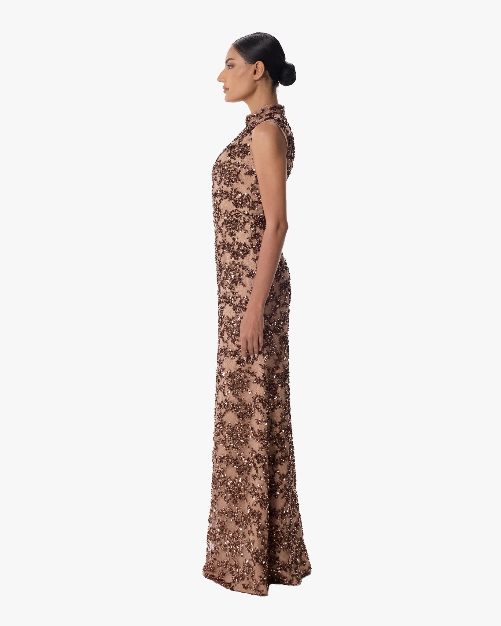 Bronza Chocolate Sequin Column Gown in Crepe