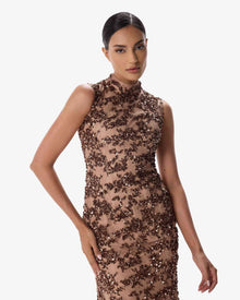 Bronza Chocolate Sequin Column Gown in Crepe