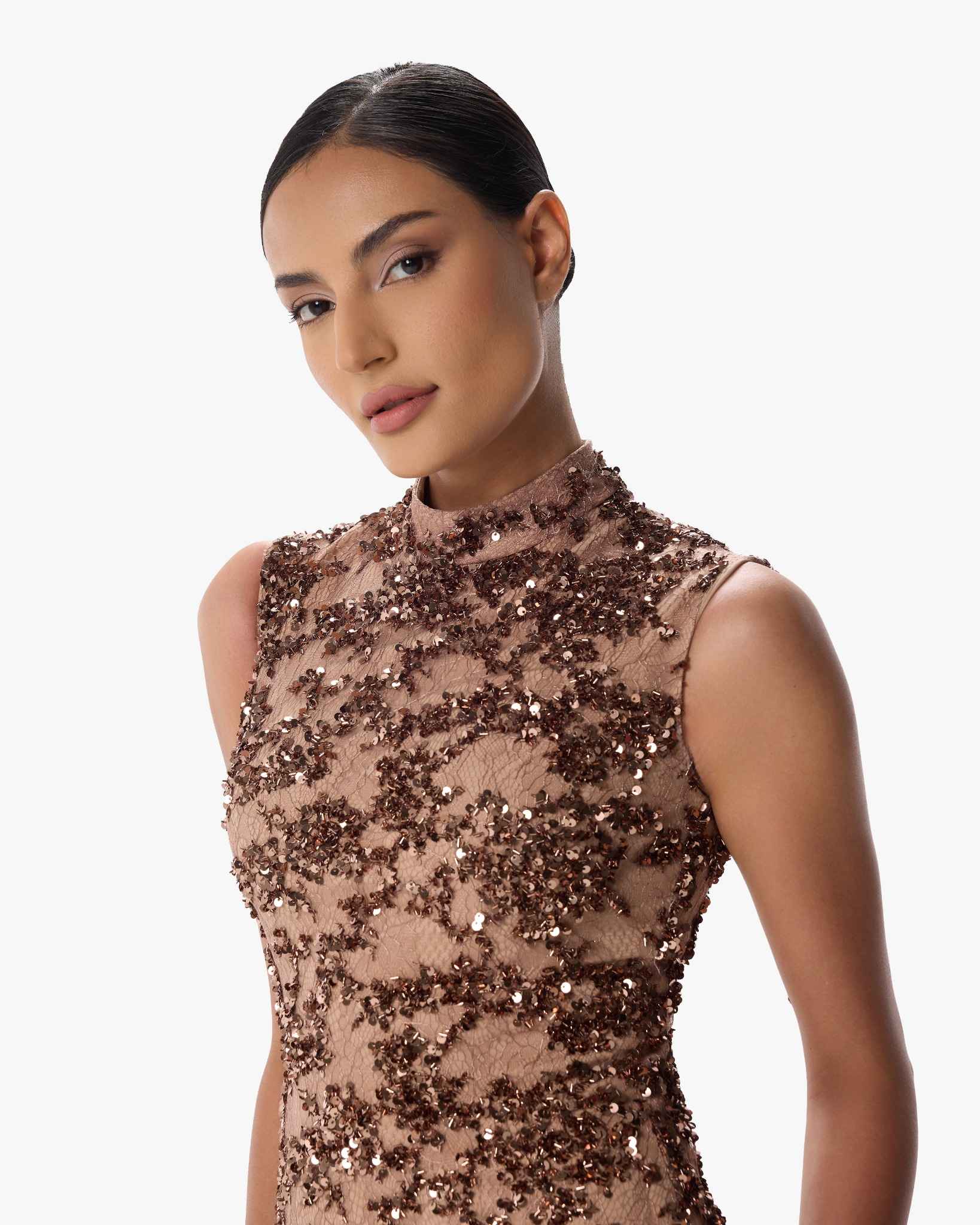 Bronza Chocolate Sequin Column Dress