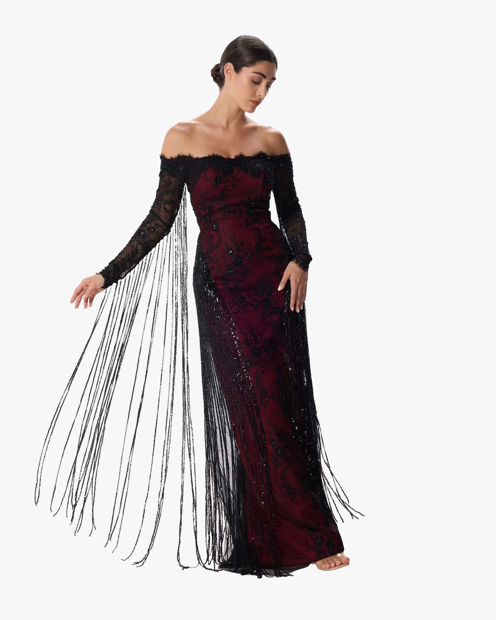 J'Adore Oxblood Sequin Lace Column Gown