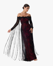J'Adore Oxblood Sequin Lace Column Gown