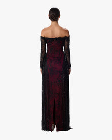 J'Adore Oxblood Sequin Lace Column Gown