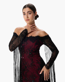 J'Adore Oxblood Sequin Lace Column Gown