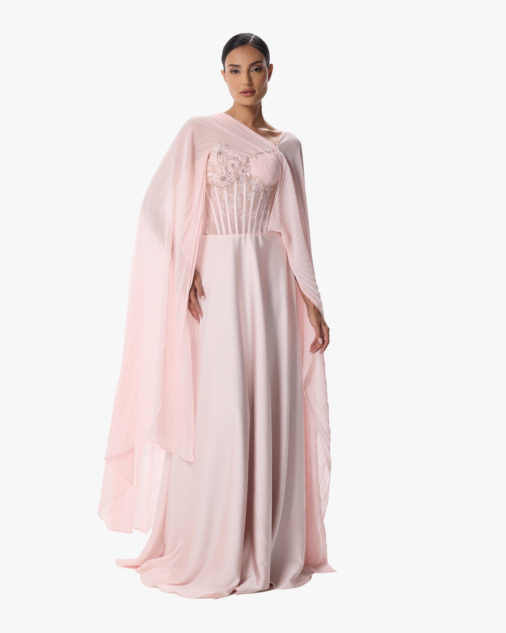 Jolie Blush Pink Lace A-Line Gown with Floral Embellishment