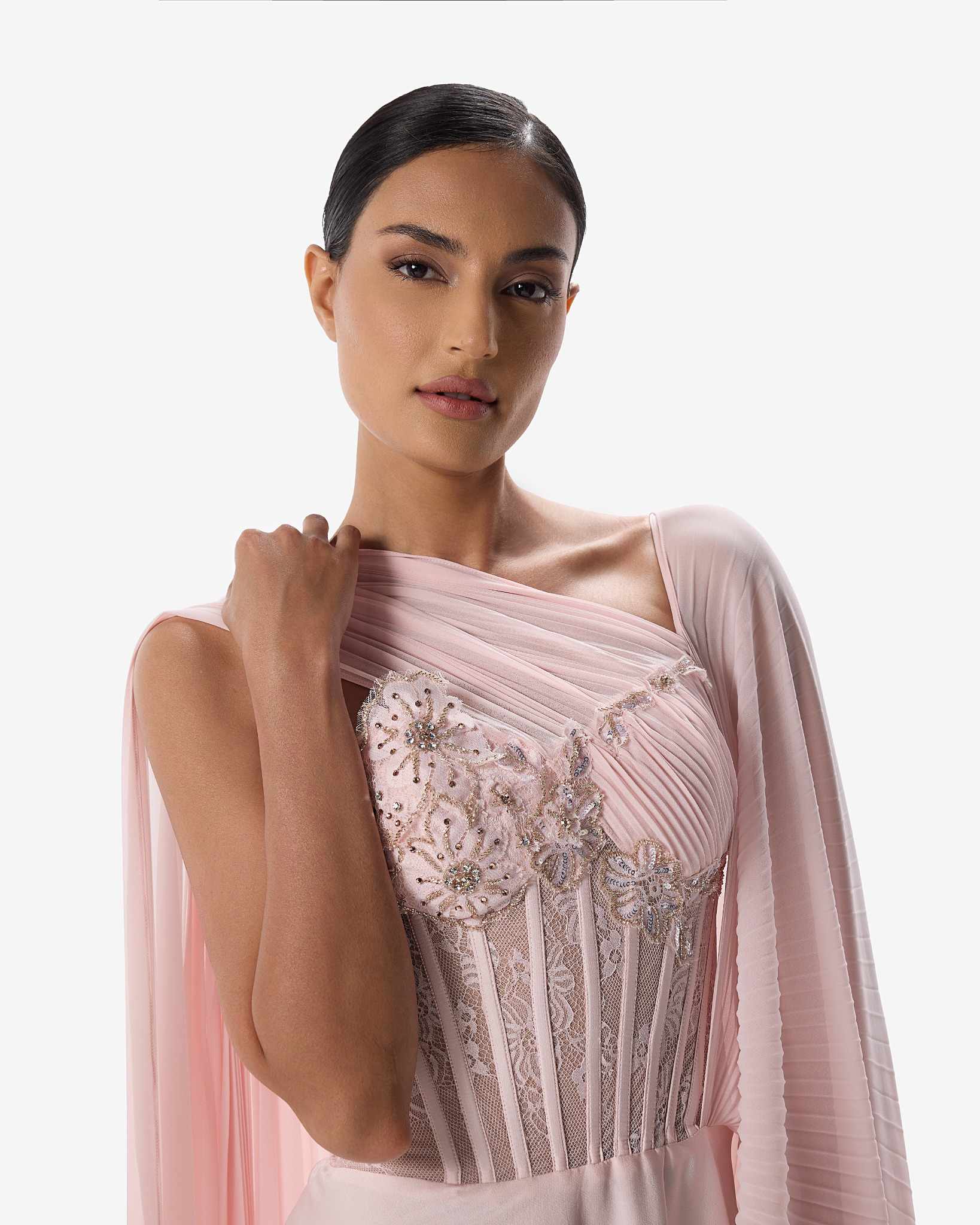 Jolie Blush Pink Lace A-Line Gown with Floral Embellishment
