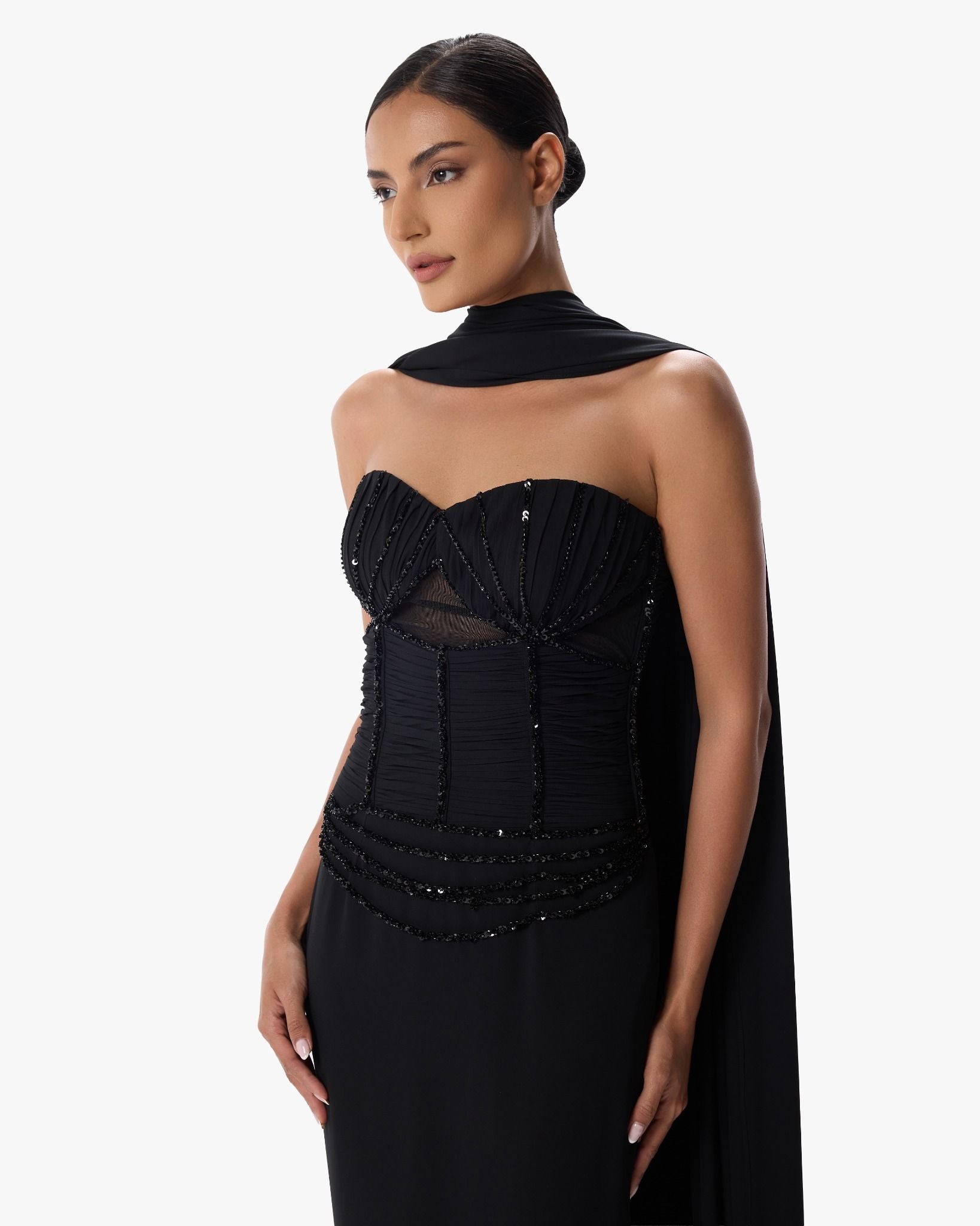 Loulou Black Mermaid Corset Dress with Cape