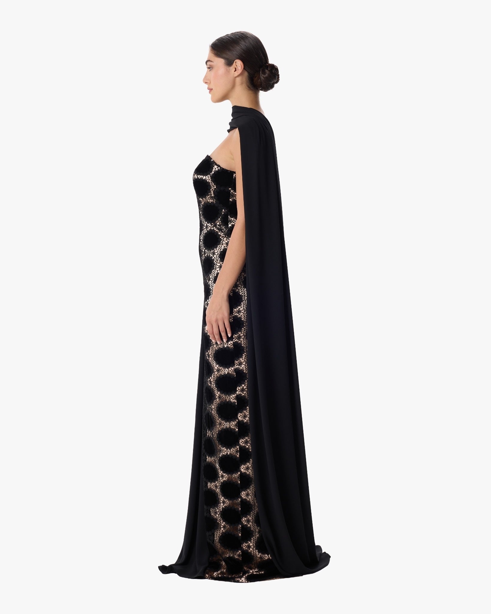 Jodie Black Nude Lace Column Dress with Detachable Cape