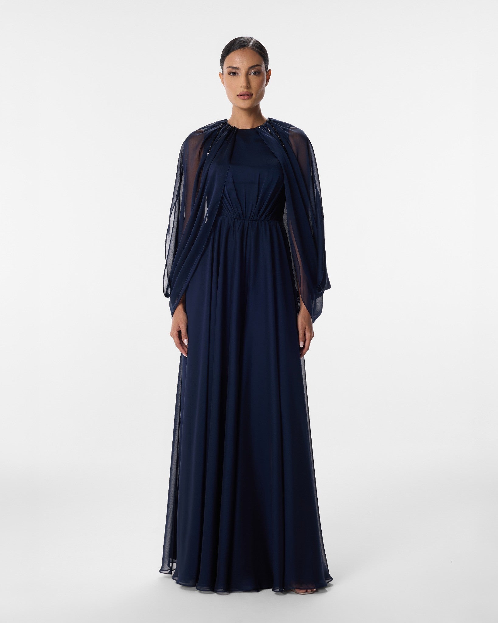 Flora Navy Chiffon Cape Sleeve Wide Leg Jumpsuit