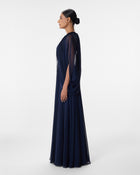 Flora Navy Chiffon Cape Sleeve Wide Leg Jumpsuit