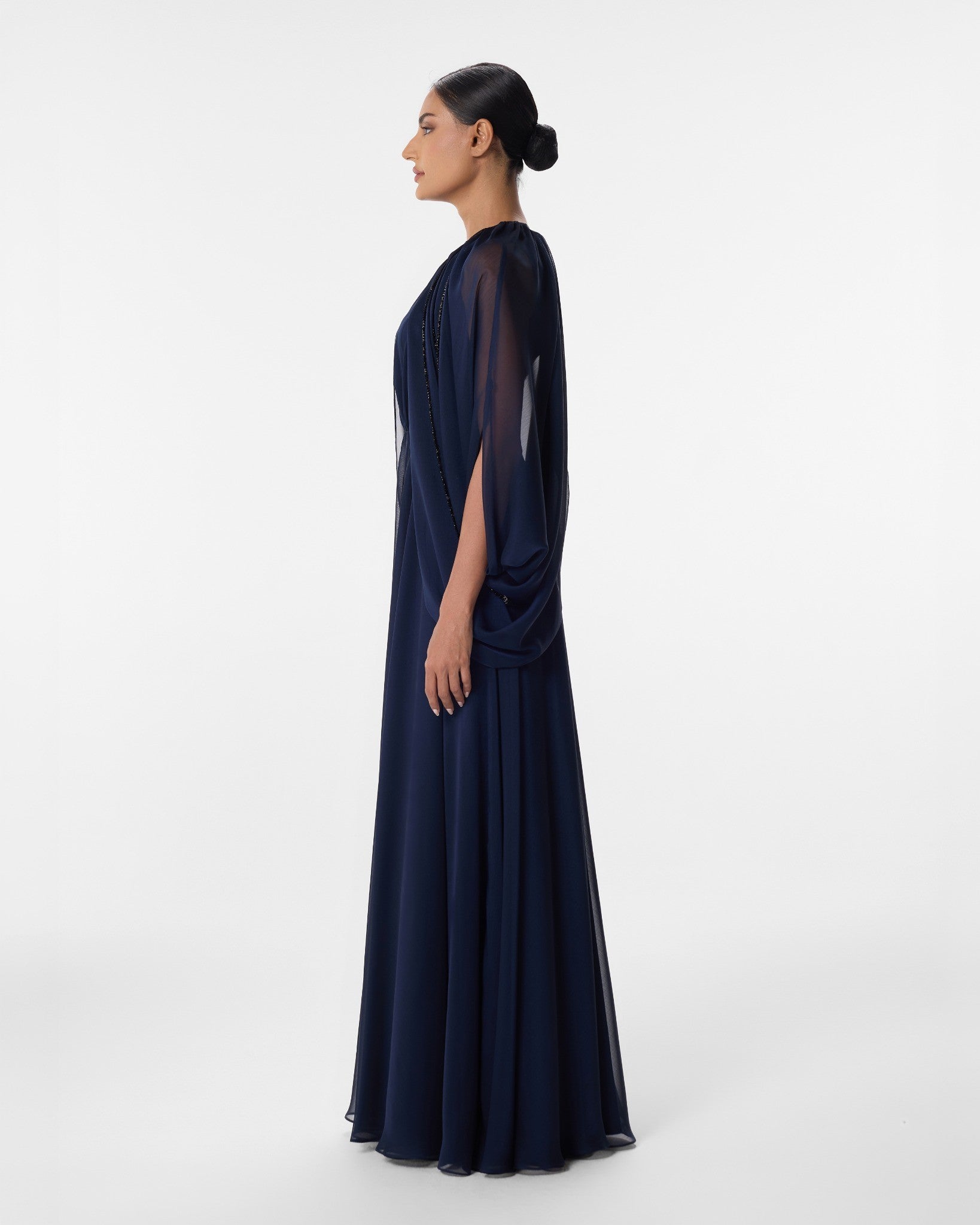 Flora Navy Chiffon Cape Sleeve Wide Leg Jumpsuit