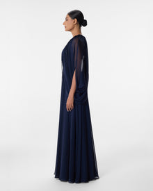 Flora Navy Chiffon Cape Sleeve Wide Leg Jumpsuit