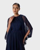 Flora Navy Chiffon Cape Sleeve Wide Leg Jumpsuit
