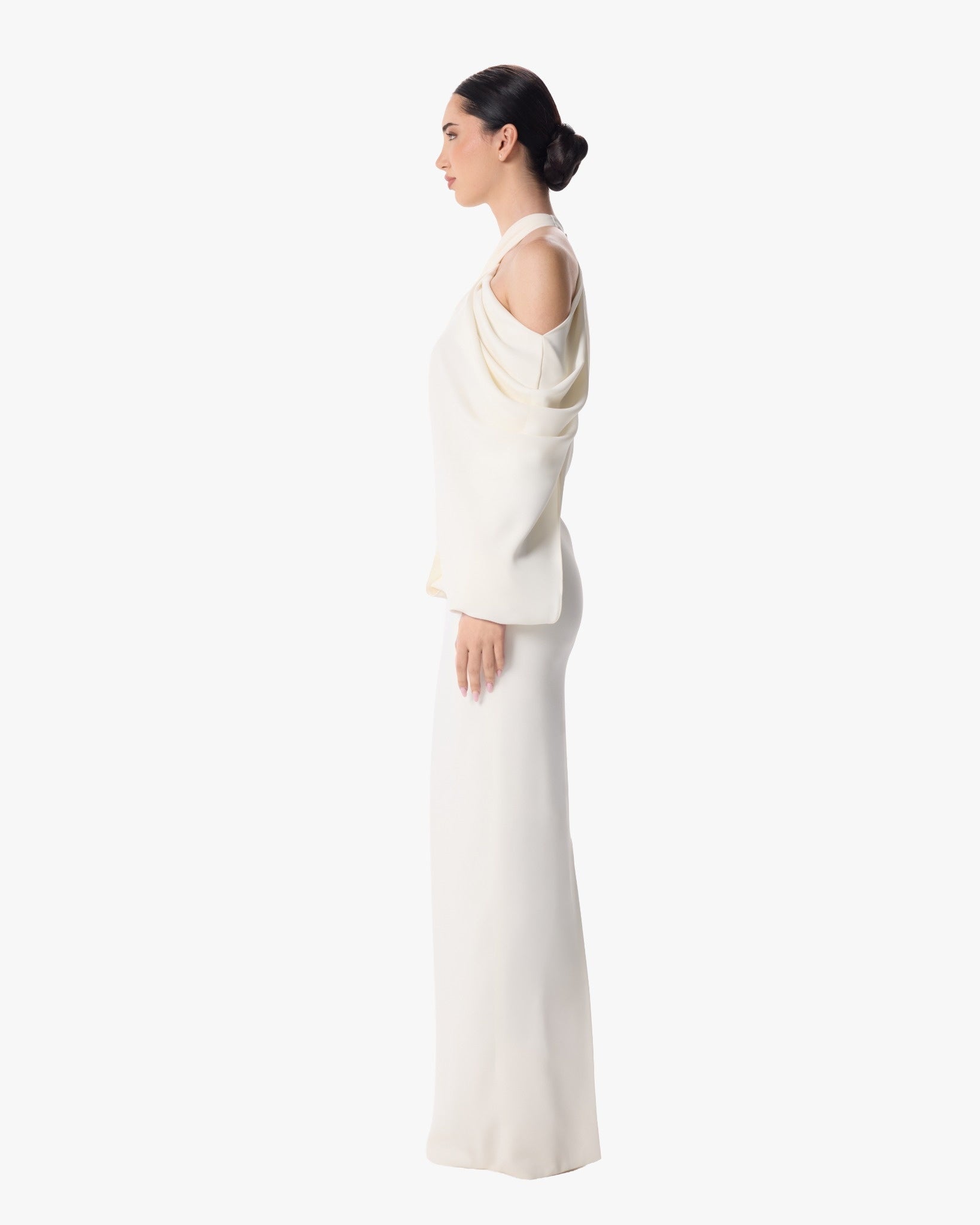 Nala Ivory Sequin Halter Column Gown with Rose Gold Panel