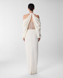 Nala Ivory Sequin Halter Column Gown with Rose Gold Panel