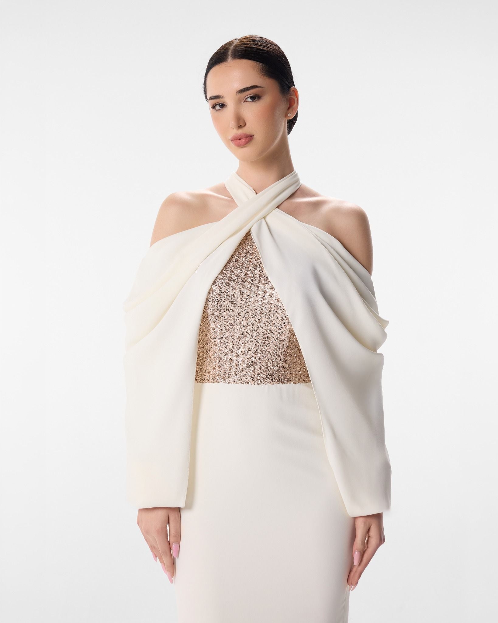 Nala Ivory Sequin Halter Column Dress with Rose Gold Panel