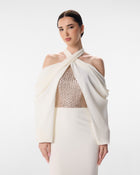 Nala Ivory Sequin Halter Column Gown with Rose Gold Panel