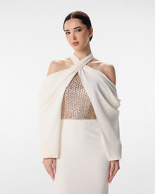 Nala Ivory Sequin Halter Column Gown with Rose Gold Panel