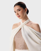 Nala Ivory Sequin Halter Column Gown with Rose Gold Panel