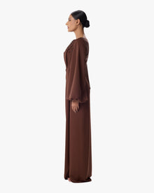 Giorgia Brown Bell Sleeve Column Dress in Crepe