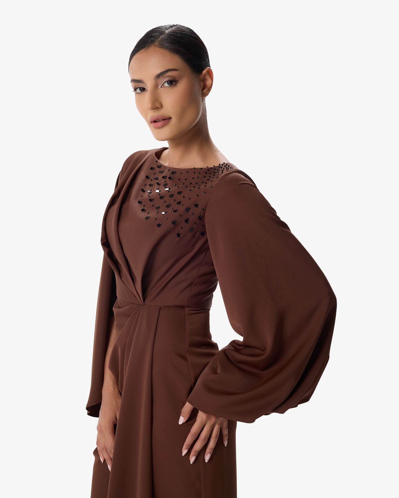 Giorgia Brown Crepe Column Dress with Bell Sleeves
