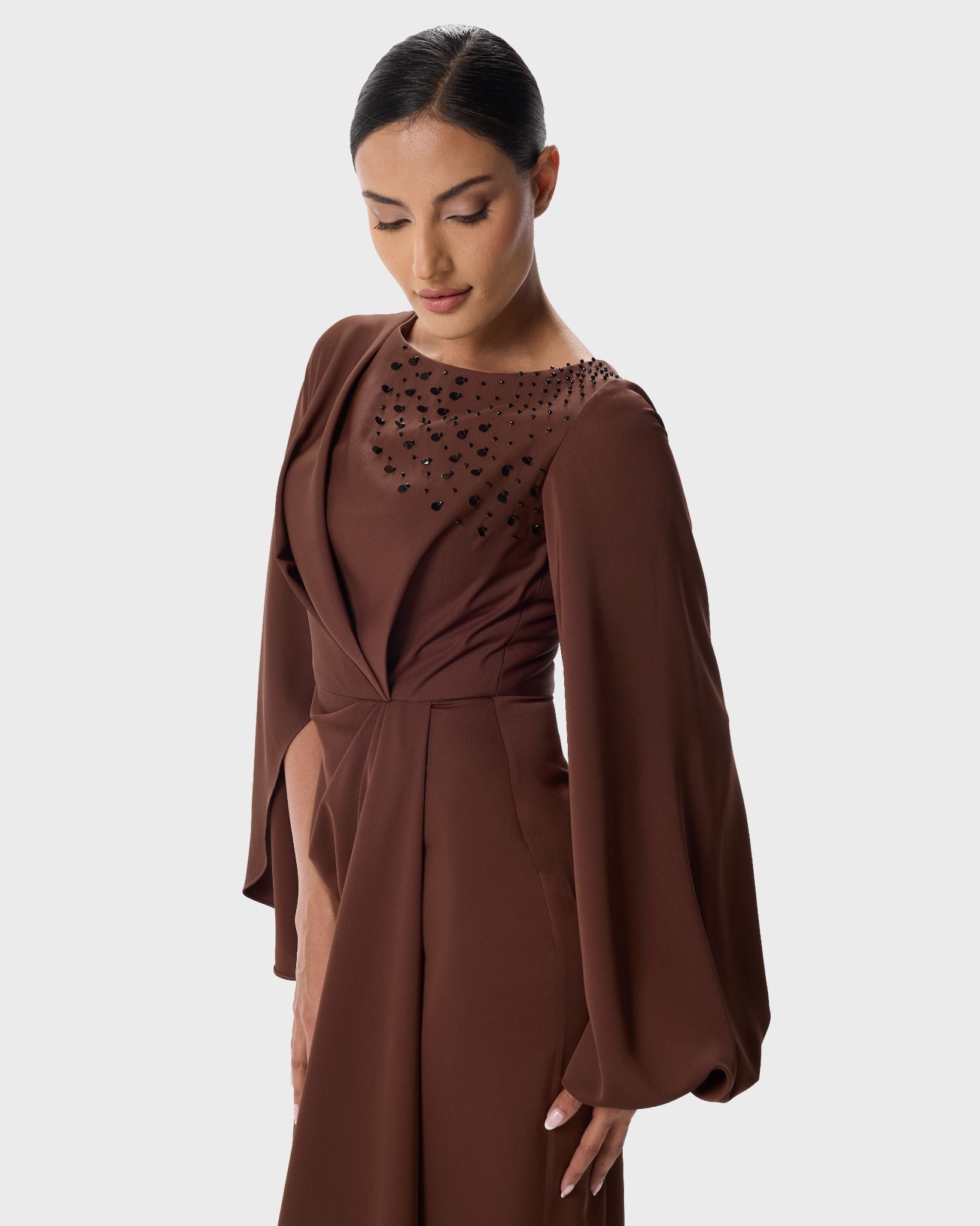 Giorgia Brown Crepe Column Dress with Bell Sleeves