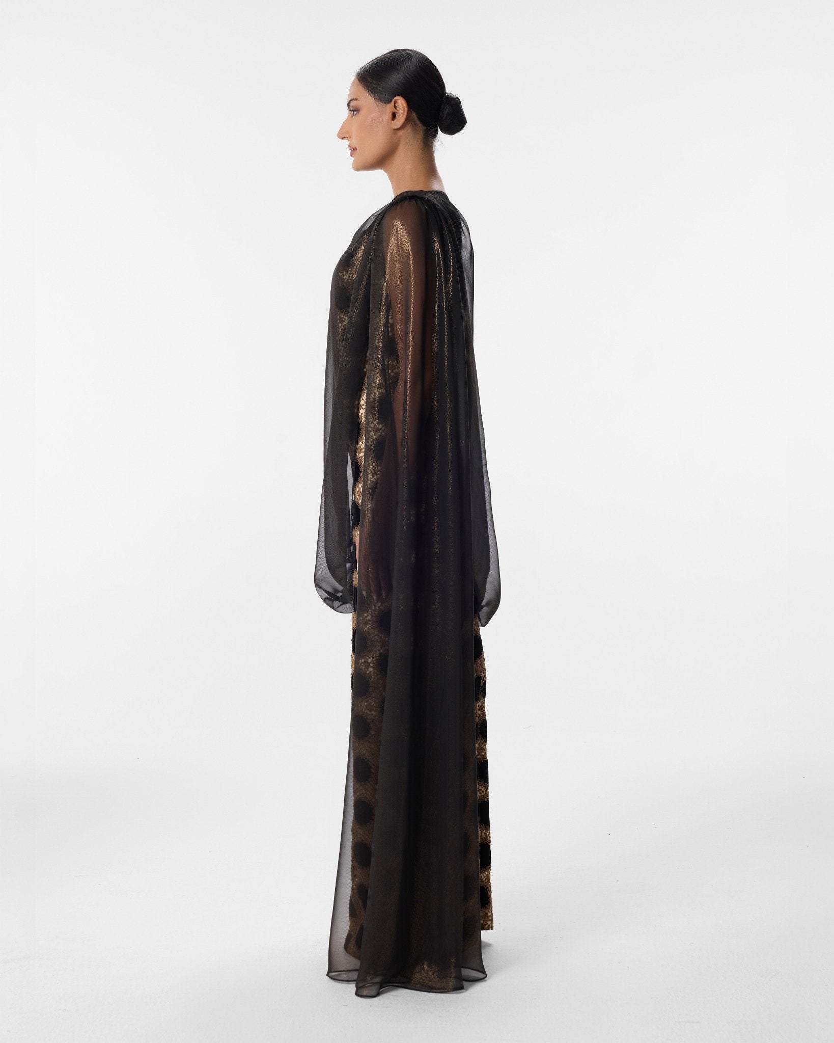 Heidi Black and Gold Velvet Flocked Lace Dress