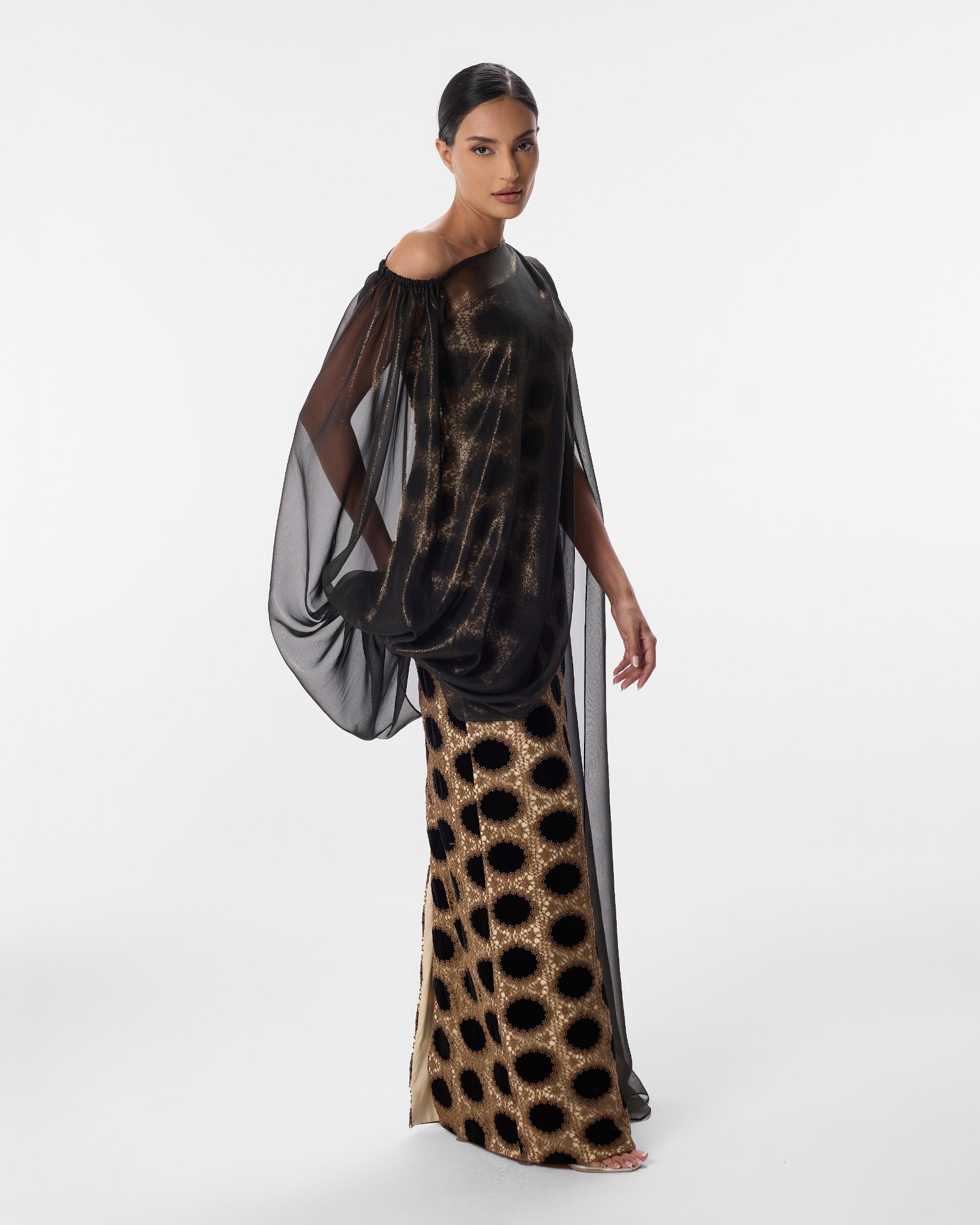 Heidi Black Gold Velvet Flocked Lace Dress