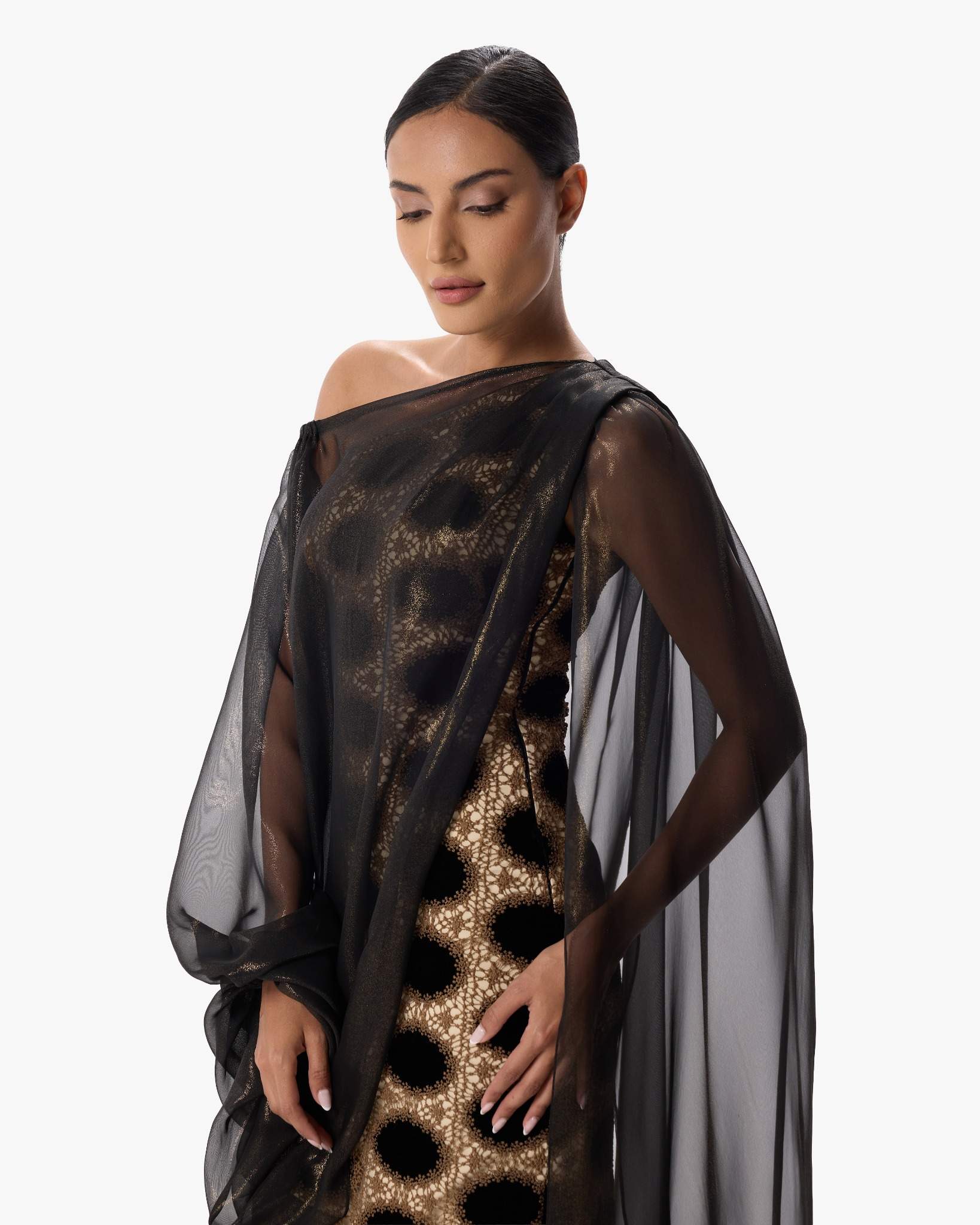Heidi Black and Gold Velvet Flocked Lace Dress