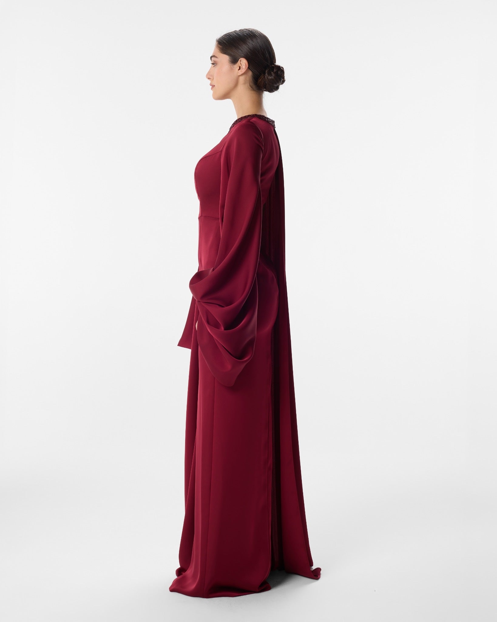 Astoria Burgundy Crepe Balloon Sleeve Cape Dress Astoria Burgundy Crepe Balloon Sleeve Cape Dress