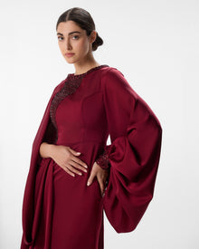 Astoria Burgundy Balloon Sleeve Cape Dress in Crepe