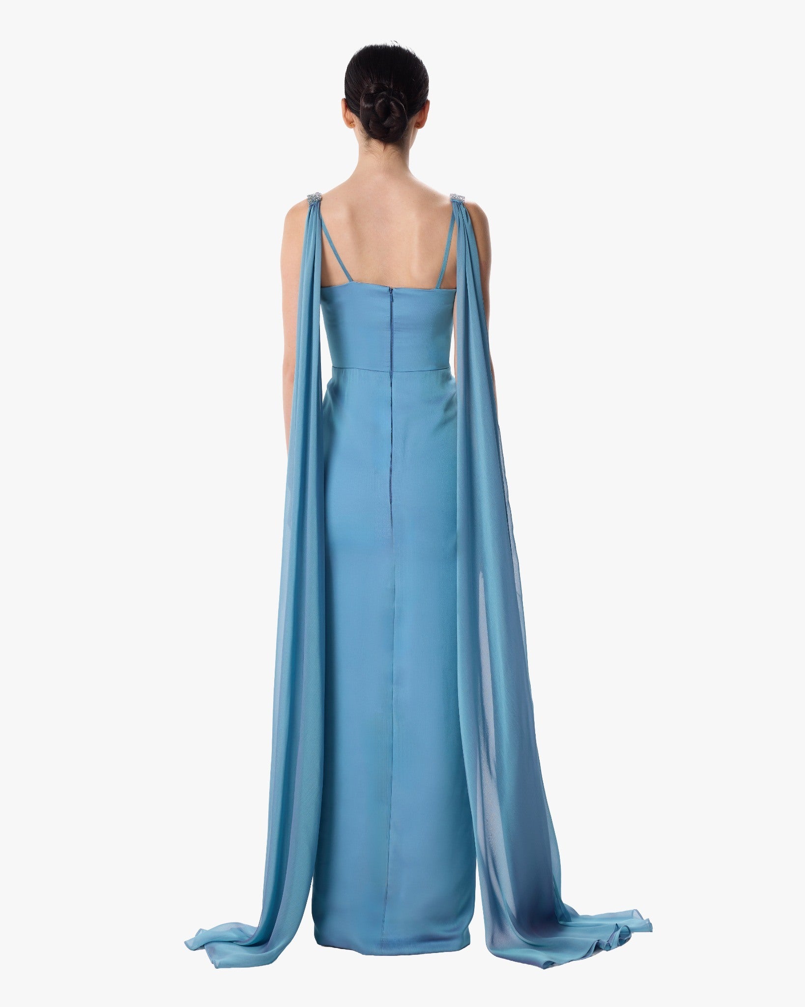 Harmonia Sky Blue Grecian Chiffon Dress with Crystal Detail