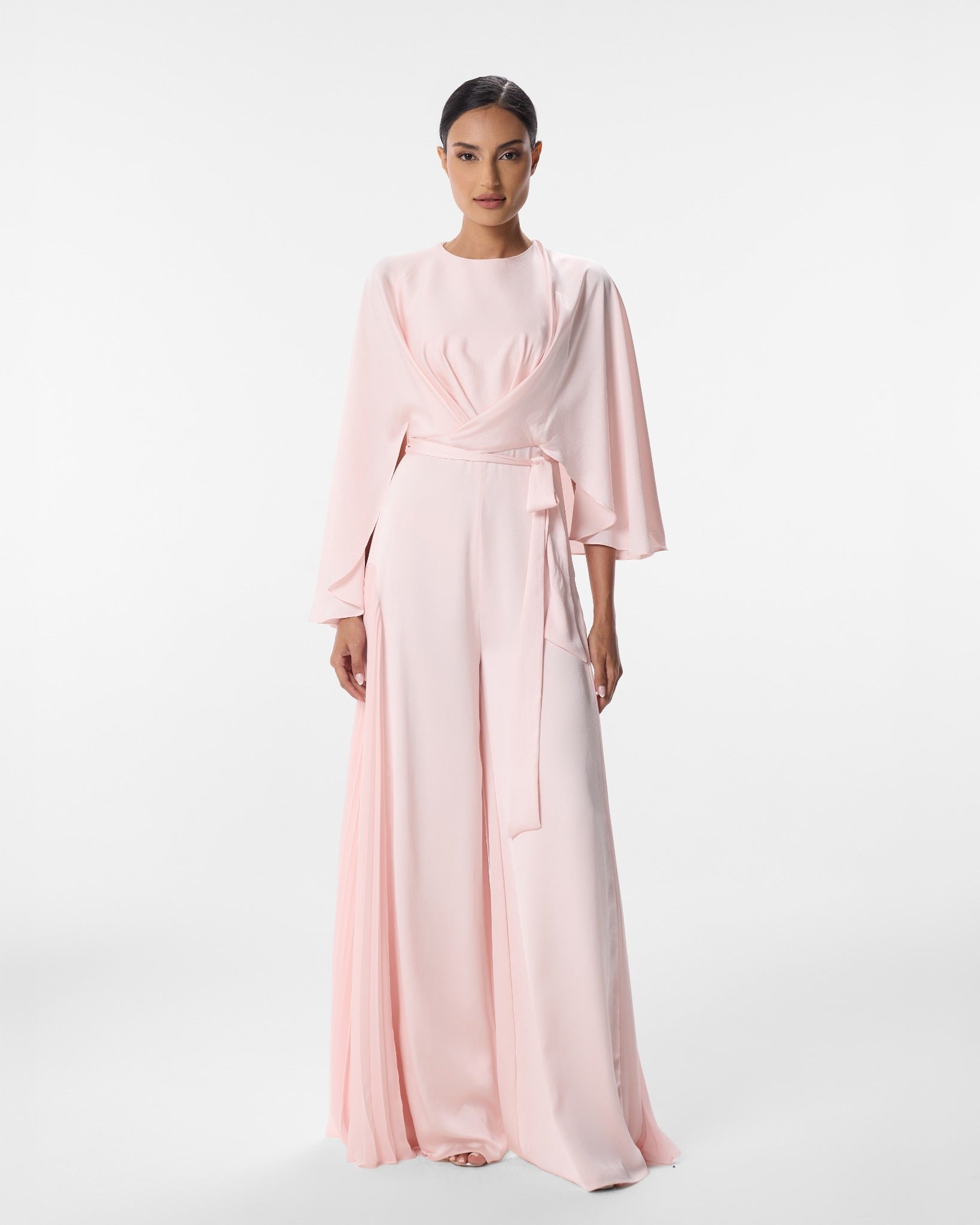Katarina Blush Pink Chiffon Jumpsuit with Cape Overlay