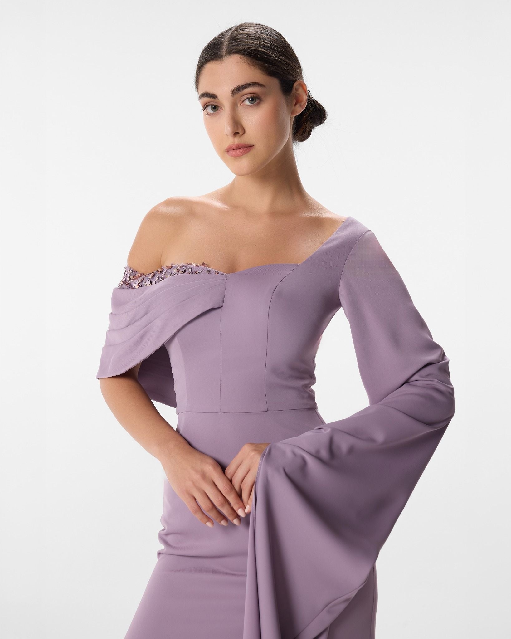 Rubina Lavender Asymmetric Off Shoulder Bell Sleeve Dress