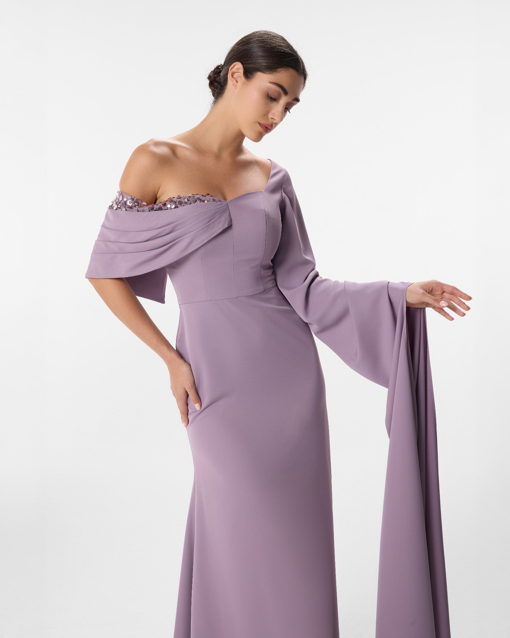 Rubina Lavender Asymmetric Off Shoulder Bell Sleeve Dress