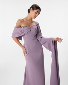 Rubina Lavender Asymmetric Off Shoulder Bell Sleeve Dress