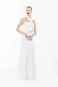 Ava Set Artista Ramadan 2025 showcasing the minimalist white halter gown without the coat, ideal for formal evening wear.
