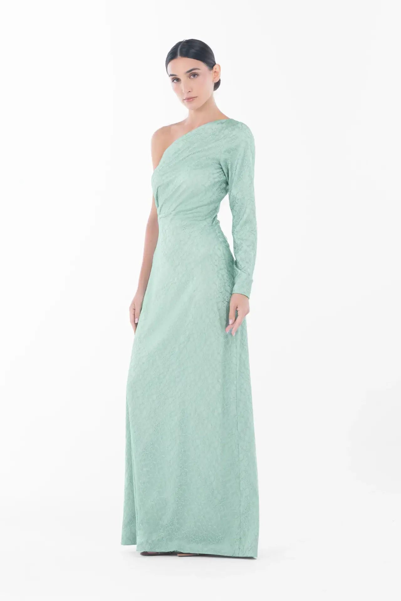 Boticelli Dress Mint Green shown without overlay, revealing sleek one-sleeve design and textured fabric for minimalist elegance.